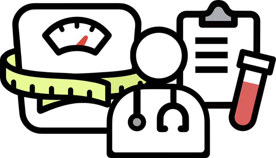 Illustration of scale, doctor, clipboard and test tube