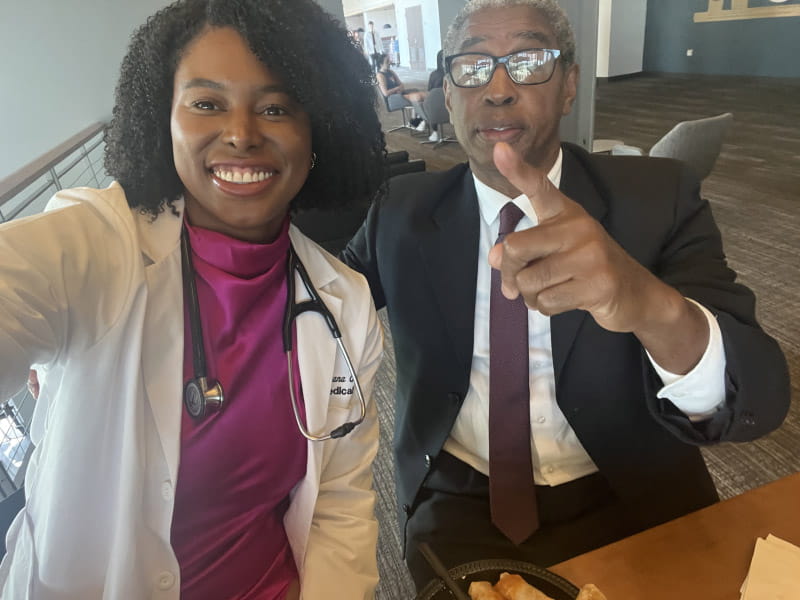Diana Castillo Bonilla (left) and her father, Florentino Castillo, on the day she started at Oakland University's medical school in Rochester, Michigan. (Photo courtesy of Diana Castillo Bonilla)