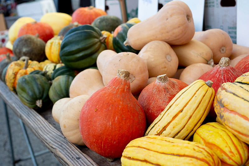 An assortment of various colorful squashes displayed on a wooden table outside