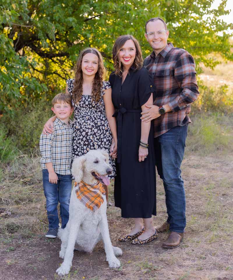 The Yell family, from left: Declan, Emerson, Tara and Tyler with their dog, Sully. (Photo courtesy of Style Creative Media)