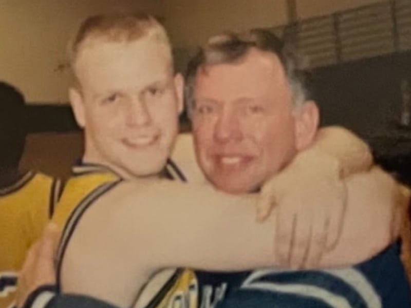 Cardiac arrest survivor Nick Knapp (left) with his dad, Terry, in 1997 when Nick played basketball for Northeastern Illinois University. (Photo courtesy of Nick Knapp)