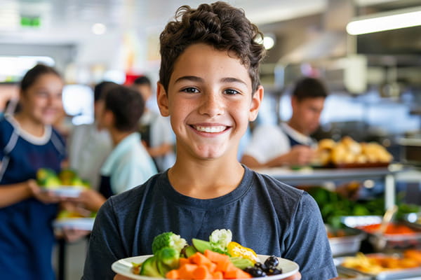Smiling boy holding up a plate of vegetables and healthy snacks in a cafeteria
