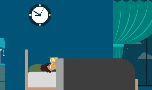 Illustration of a woman in bed reading a book. 