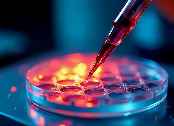 Close up of a liquid dropper poised over a petri dish