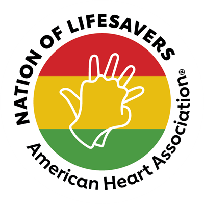 "Nation of Lifesavers American Heart Association" encircles a graphic with white line art of hands in CPR formation on top of red, gold and green horizontal stripes