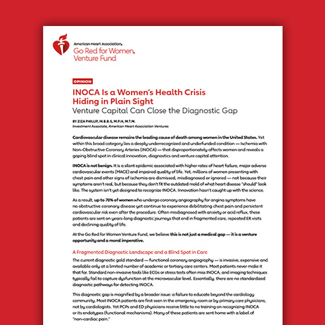 Cropped first page of "Inoca Is a Women’s Health Crisis Hiding in Plain Sight" on a red background
