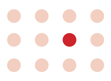 A four by three grid of light red dots with one dark red dot