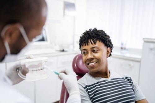 Dentist reviewing a patient's options at her appointment