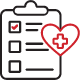 Black and red line art depicting a clipboard with a red checkmark and a heart with a medical cross icon inside