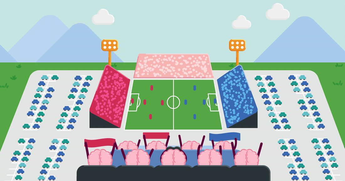 Una colorida ilustración de perspectiva amplia de personajes cerebrales rosas viendo un partido de fútbol y animando desde las gradas